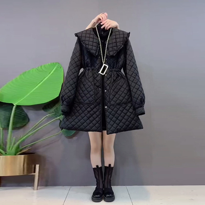娃娃领中长款抽绳菱形格加棉外套