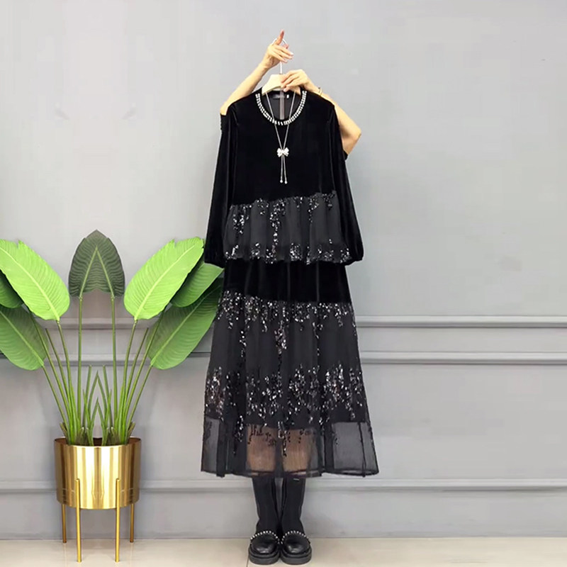 加肥大码女装拼亮片裙摆半身裙胖妹妹气质轻熟风钉珠领长袖上衣潮,女装/女士精品,大码内搭,淘宝优惠券,粉丝福利购,淘宝优惠卷