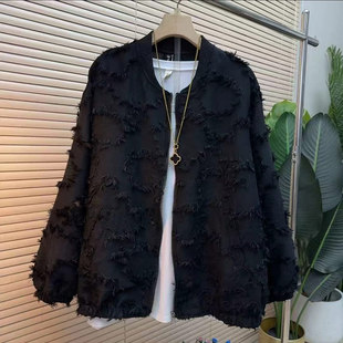 大码女装立领长袖满身流苏毛毛外套胖妹妹欧洲站洋气黑色百搭上衣