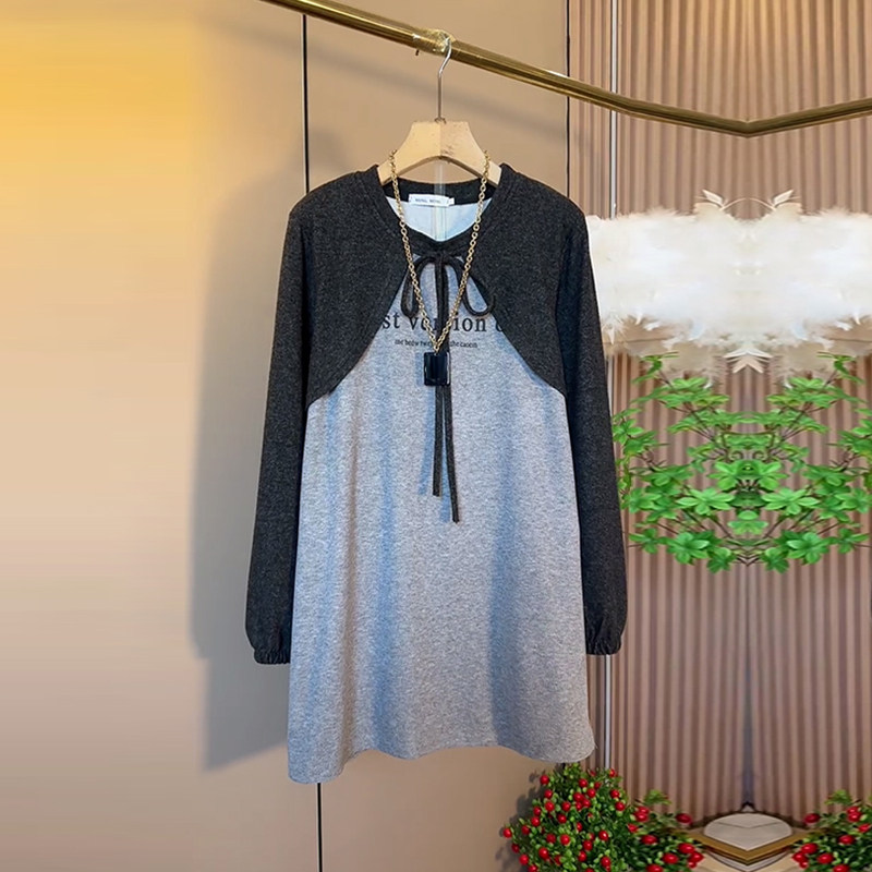 大码女装拼色长袖假两件大衫