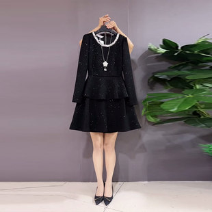 轻熟风中长款 胖MM加肥亮钻领长袖 女装 气质大码 裙子 收腰连衣裙法式