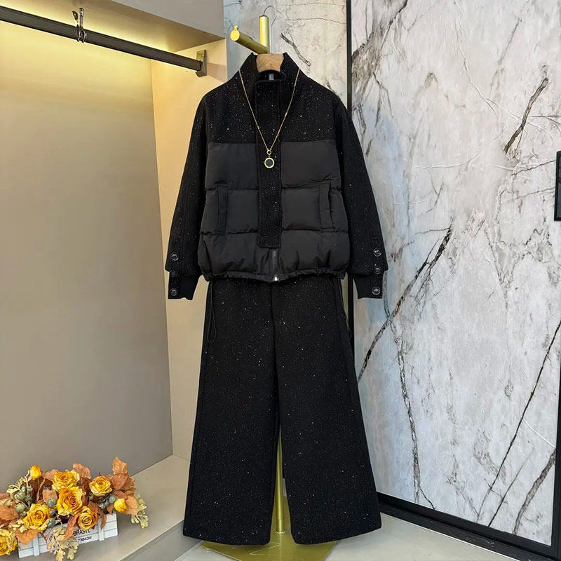 胖MM显瘦立领前纽扣长袖上衣松紧腰阔腿裤加肥大码女装冬季两件套,女装/女士精品,大码套装,淘宝优惠券,粉丝福利购,淘宝优惠卷