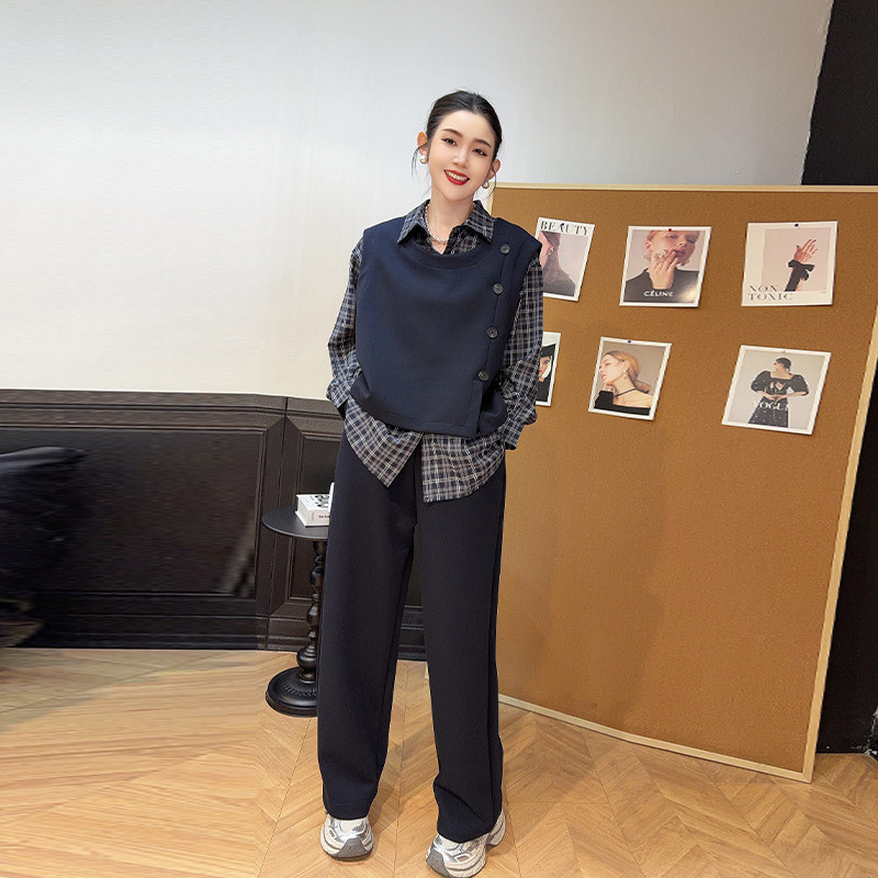 胖MM加肥圆领侧纽扣马甲翻领衬衫阔腿长裤韩版大码女装显瘦两件套,女装/女士精品,大码套装,淘宝优惠券,粉丝福利购,淘宝优惠卷