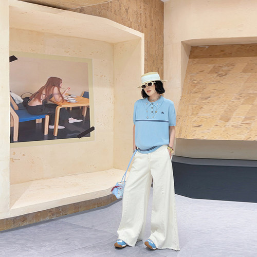 胖妹妹翻领拼色条短袖针织衫