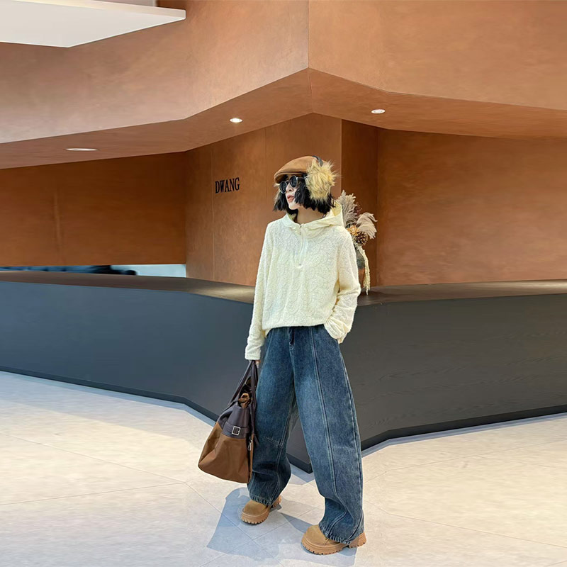 连帽半拉链长袖蕾丝花小衫