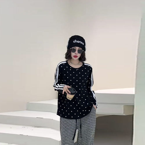 大码女装拼色条长袖圆领上衣