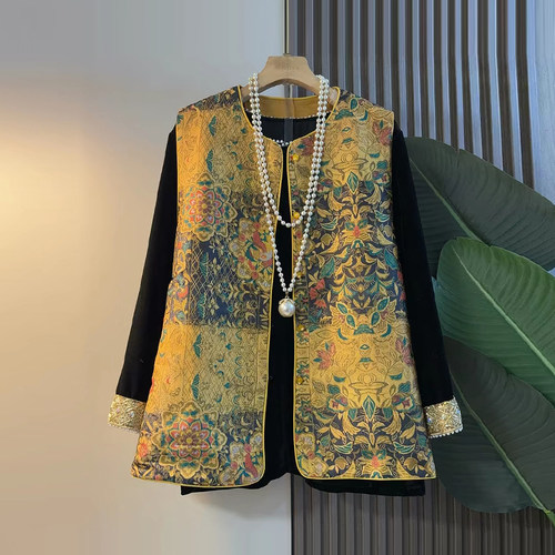 拼色袖口小衫圆领花纹马甲