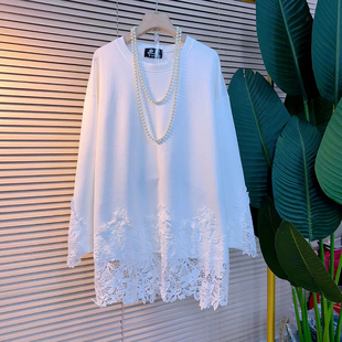 休闲小衫 加肥显瘦蕾丝底摆圆领上衣大码 宽松遮肚子秋冬款 韩版 女装