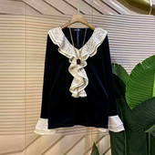 口小衫 韩版 小众设计大码 胖妹妹加肥V领拼接蕾丝边微喇袖 女装 上衣