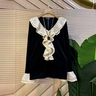女装 胖妹妹加肥V领拼接蕾丝边微喇袖 小众设计大码 韩版 上衣 口小衫