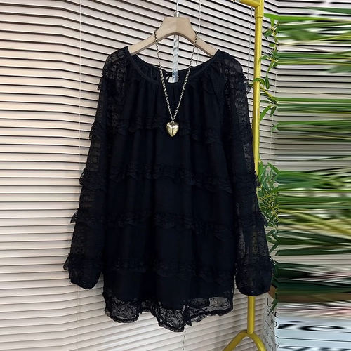 圆领蕾丝花边长袖上衣-