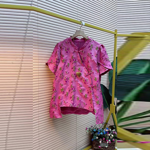 立领斜盘扣短袖花朵国风上衣小衫