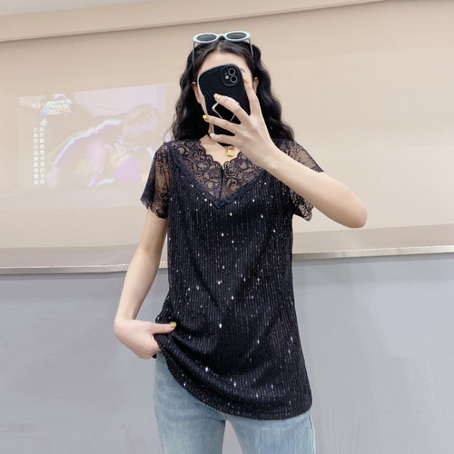 大码女装V领亮片蕾丝背心