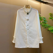 女装 立领钉珠荷叶边长袖 衬衫 大码 法式 气质通勤洋气胖妹妹百搭上衣