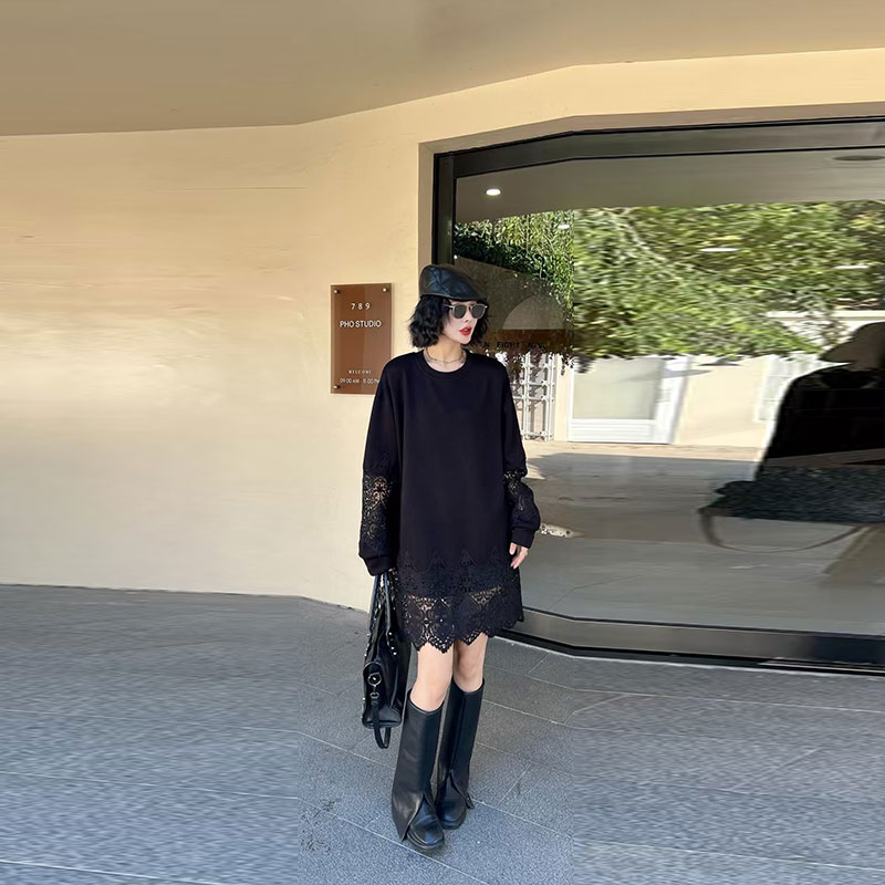 大码女装拼接蕾丝边圆领上衣