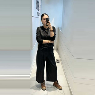加肥女拼色马甲长袖上衣胖妹妹欧洲站宽松遮胯松紧腰九分阔腿皮裤