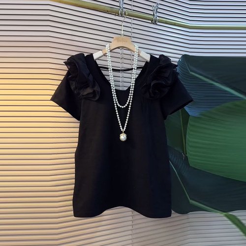 大码女装V领荷叶肩短袖小衫