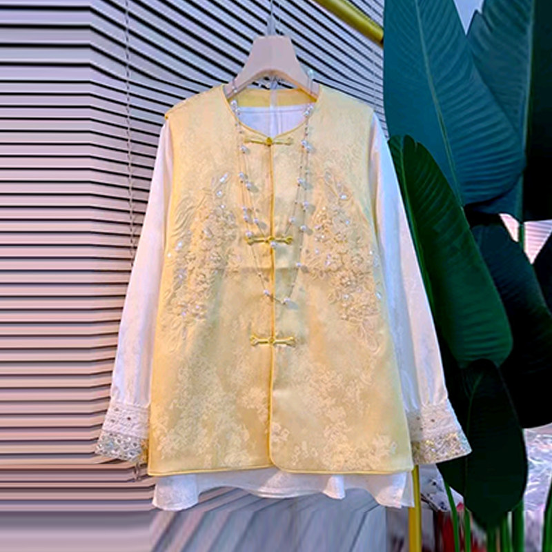 大码女装花纹盘扣国风马甲胖妹妹2026新款百搭新中式圆领长袖小衫,女装/女士精品,大码内搭,淘宝优惠券,粉丝福利购,淘宝优惠卷