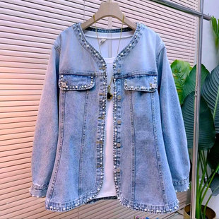 加肥女V领钉珠边牛仔外套欧洲站2026早春新款胖妹妹百搭洋气上衣