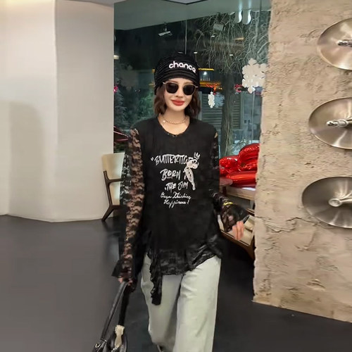 大码女装圆领长袖蕾丝花小衫