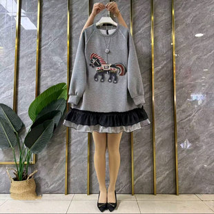 卫衣裙胖妹妹韩版 拼色裙摆图案长袖 学院风减龄显瘦连衣裙 女装 大码