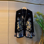 立领刺绣复古风洋气马甲花胖妹妹黑色显瘦拼接朵长袖 大码 女装 上衣