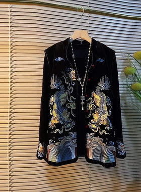 大码女装立领刺绣复古风洋气马甲花胖妹妹黑色显瘦拼接朵长袖上衣