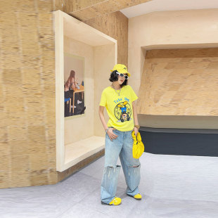 韩版 胖MM加肥卡通图案短袖 女装 宽松遮肚子大码 百搭休闲上衣 T恤衫