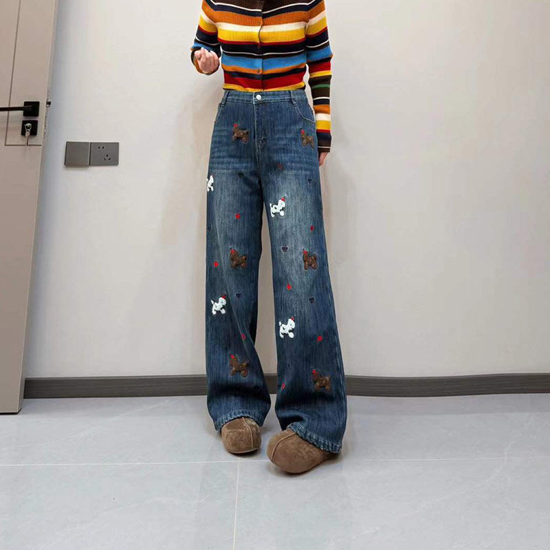 胖妹妹卡通图案阔腿牛仔裤