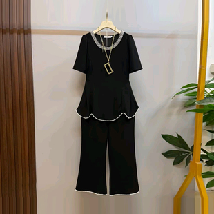 加肥女亮钻领圆领短袖上衣七分阔腿裤胖妹妹气质轻熟风黑色两件套