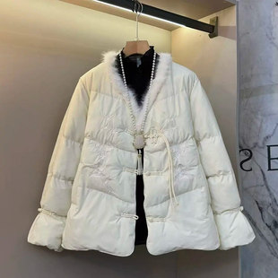 女装 胖妹妹V领毛边流苏扣国风棉服冬季 洋气大码 新中式 保暖外套 款