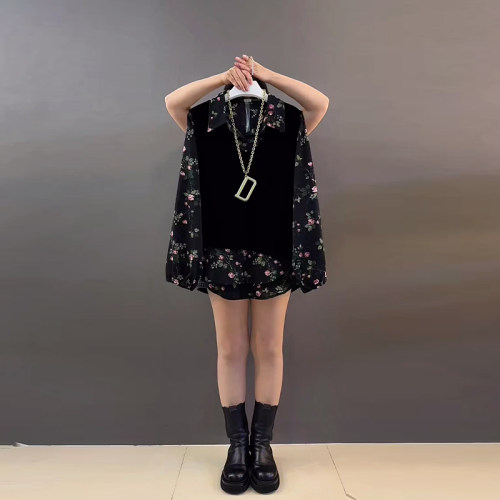 胖妹妹碎花翻领长袖上衣