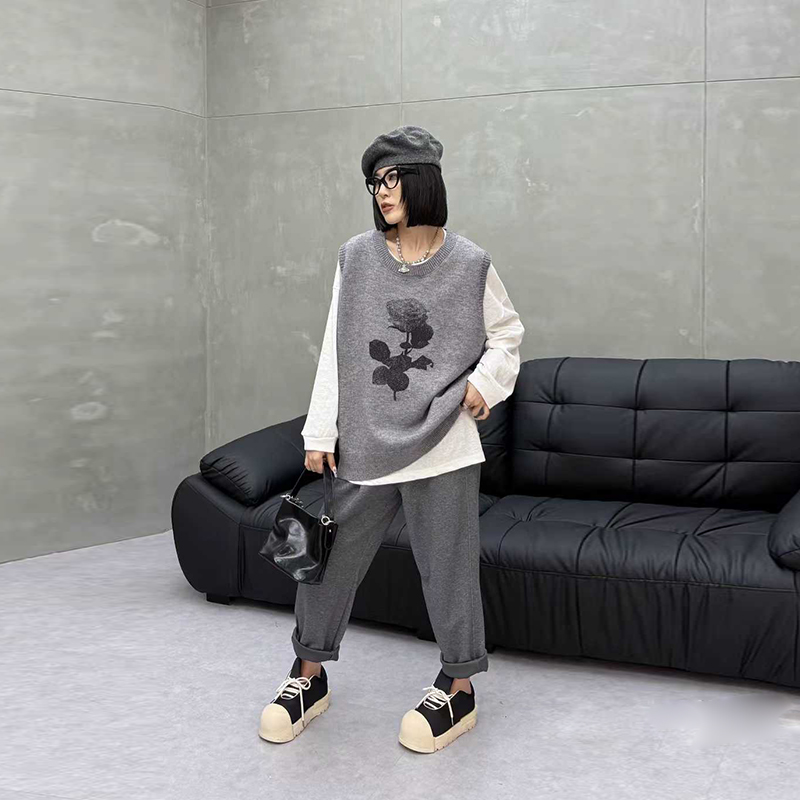 拼色花朵圆领针织马甲