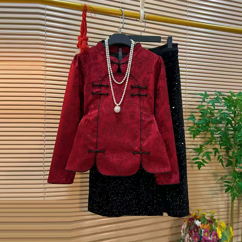 加肥立领盘扣暗花长袖上衣半身裙胖妹妹气质复古风显瘦洋气两件套,女装/女士精品,大码套装,淘宝优惠券,粉丝福利购,淘宝优惠卷