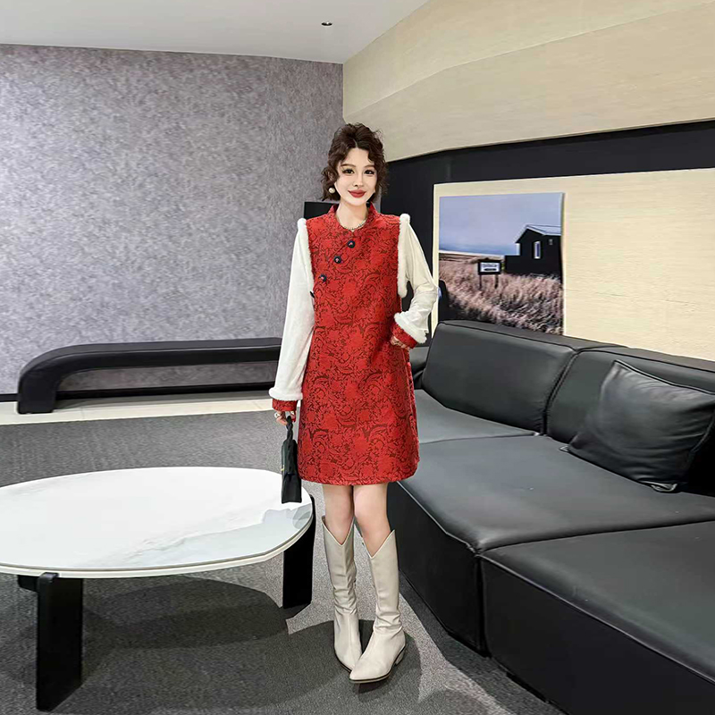 拼袖口打底衫立领斜襟花纹马甲裙