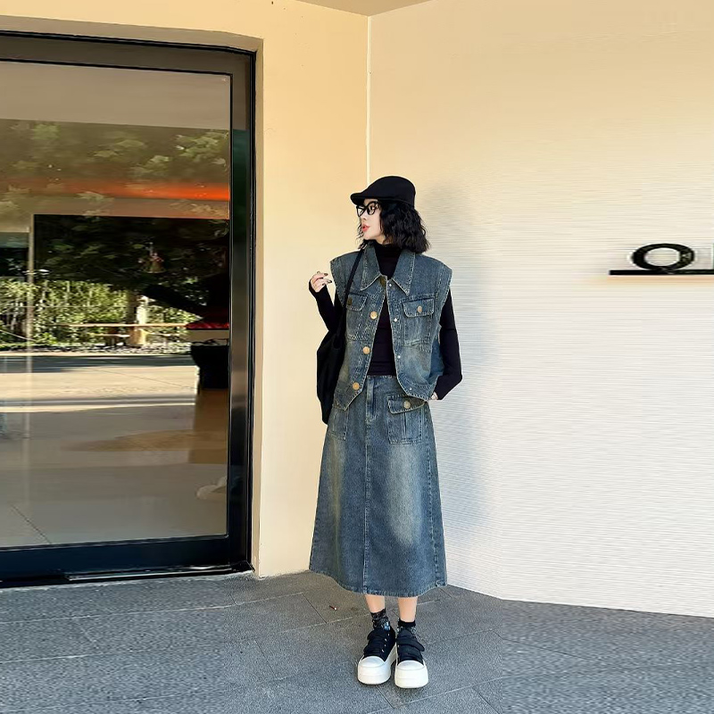 翻领马甲(两件套)牛仔半身裙