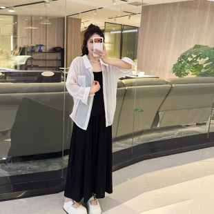 加肥女后开叉系带长袖防晒衬衫吊带连衣裙胖妹妹夏季款气质两件套