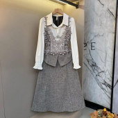 气质通勤风两件套 女装 胖妹妹加肥翻领长袖 拼蕾丝花上衣半身裙大码