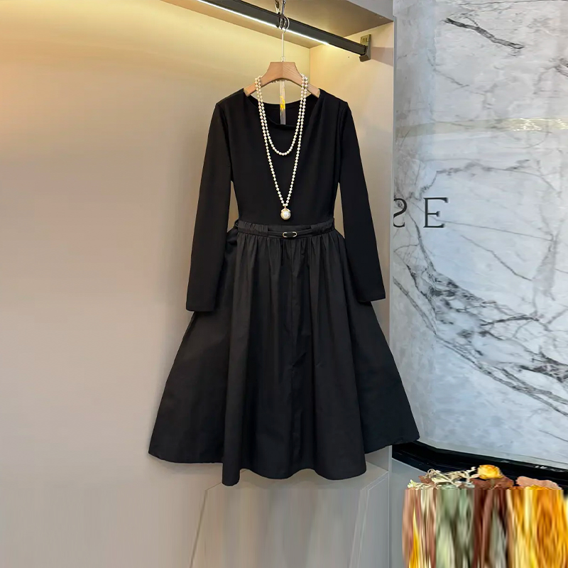 大码女装圆领长袖腰带连衣裙