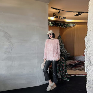 大码女装圆领长袖流苏毛毛上衣胖妹妹韩版减龄2024秋冬款百搭小衫