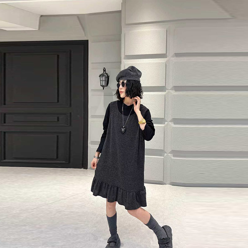 立领长袖打底衫拼接裙摆马甲裙