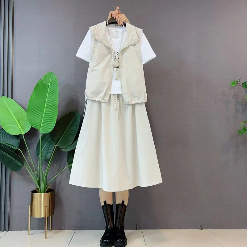 胖妹妹翻领底抽绳马甲短袖T恤衫半身裙夏季款大码女装休闲三件套