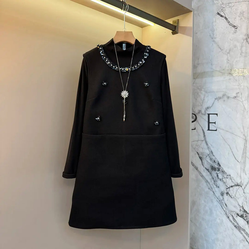 立领长袖打底衫亮片领马甲裙套装
