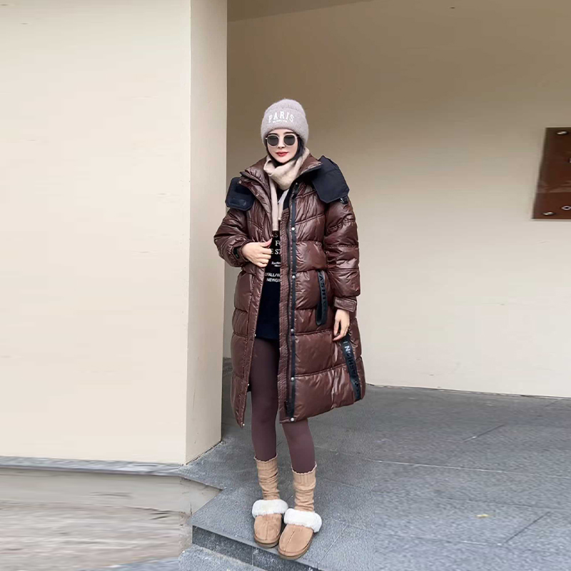 胖妹妹连帽立领长袖中长款棉服