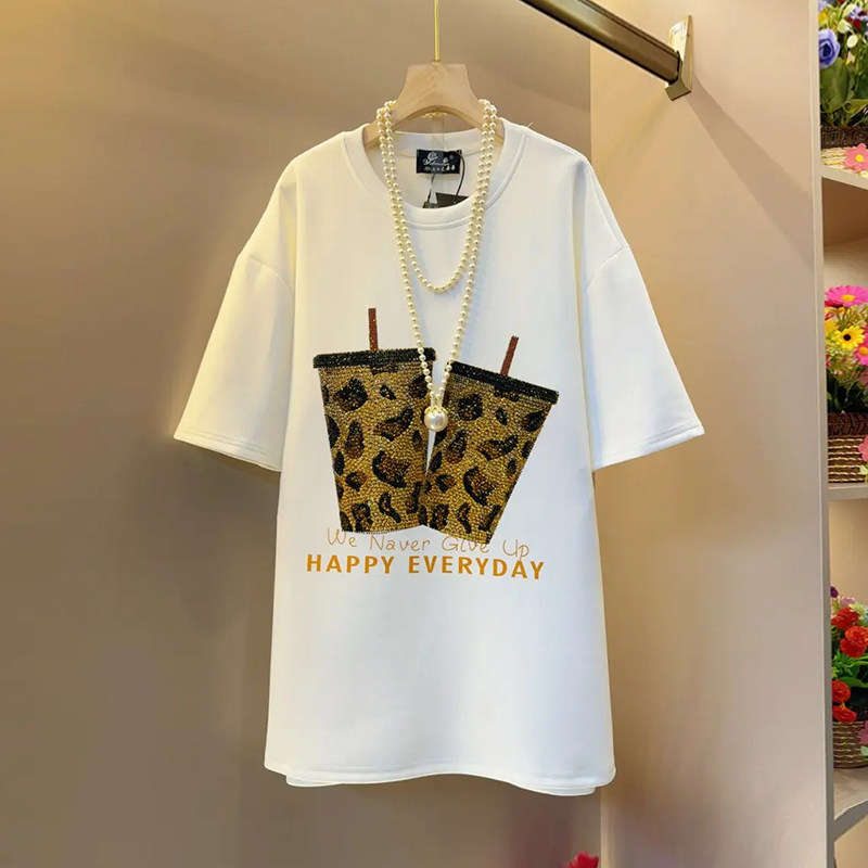 加肥圆领短袖水杯图案上衣宽松遮肚子胖妹妹欧洲站减龄百搭T恤衫,女装/女士精品,大码内搭,淘宝优惠券,粉丝福利购,淘宝优惠卷