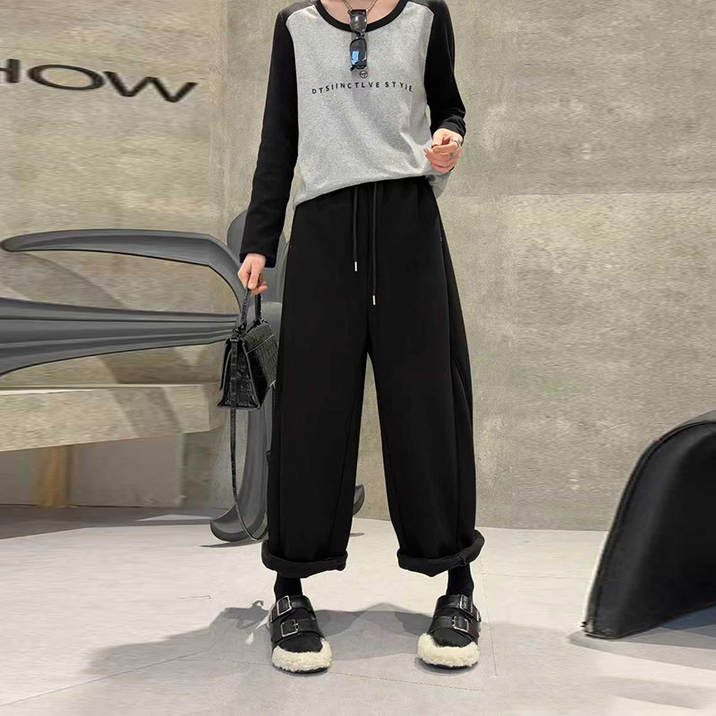 松紧腰系带阔腿加绒裤子