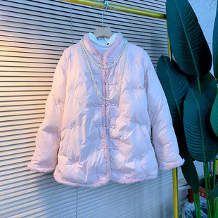 款 冬季 百搭显瘦甜美外套 女装 加肥胖妹妹立领毛边盘扣国风棉服大码