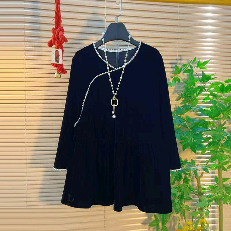 胖妹妹钉珠领斜襟长袖上衣大码女装复古风黑色显瘦宽松遮肚子小衫,女装/女士精品,大码内搭,淘宝优惠券,粉丝福利购,淘宝优惠卷