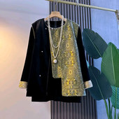 国风马甲大码 显瘦拼色袖 女装 胖妹妹加肥拼色ab版 秋季 款 口圆领小衫