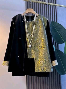 胖妹妹加肥拼色ab版国风马甲大码女装秋季款显瘦拼色袖口圆领小衫